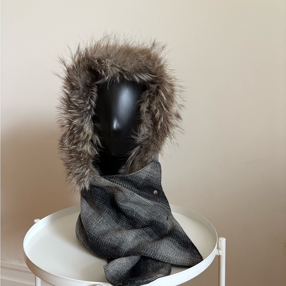 Vintage Real Fur Trim Hooded Scarf